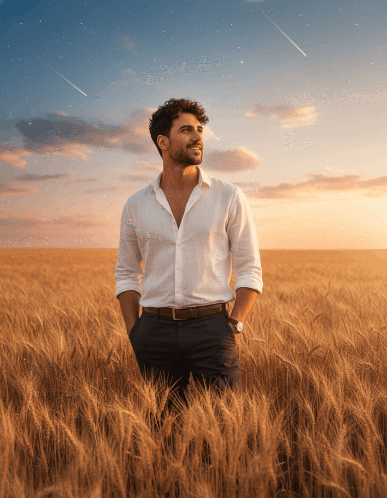 Golden Hour Wheat Field Portrait AI Prompt | Cinematic Starry Sky Scene