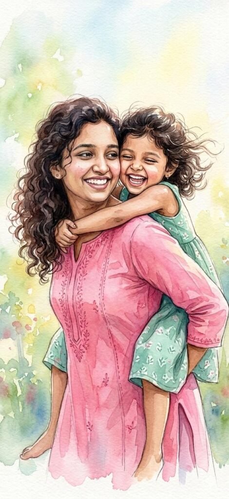 Joyful Embrace – Mother & Daughter Watercolor Portrait AI Prompt